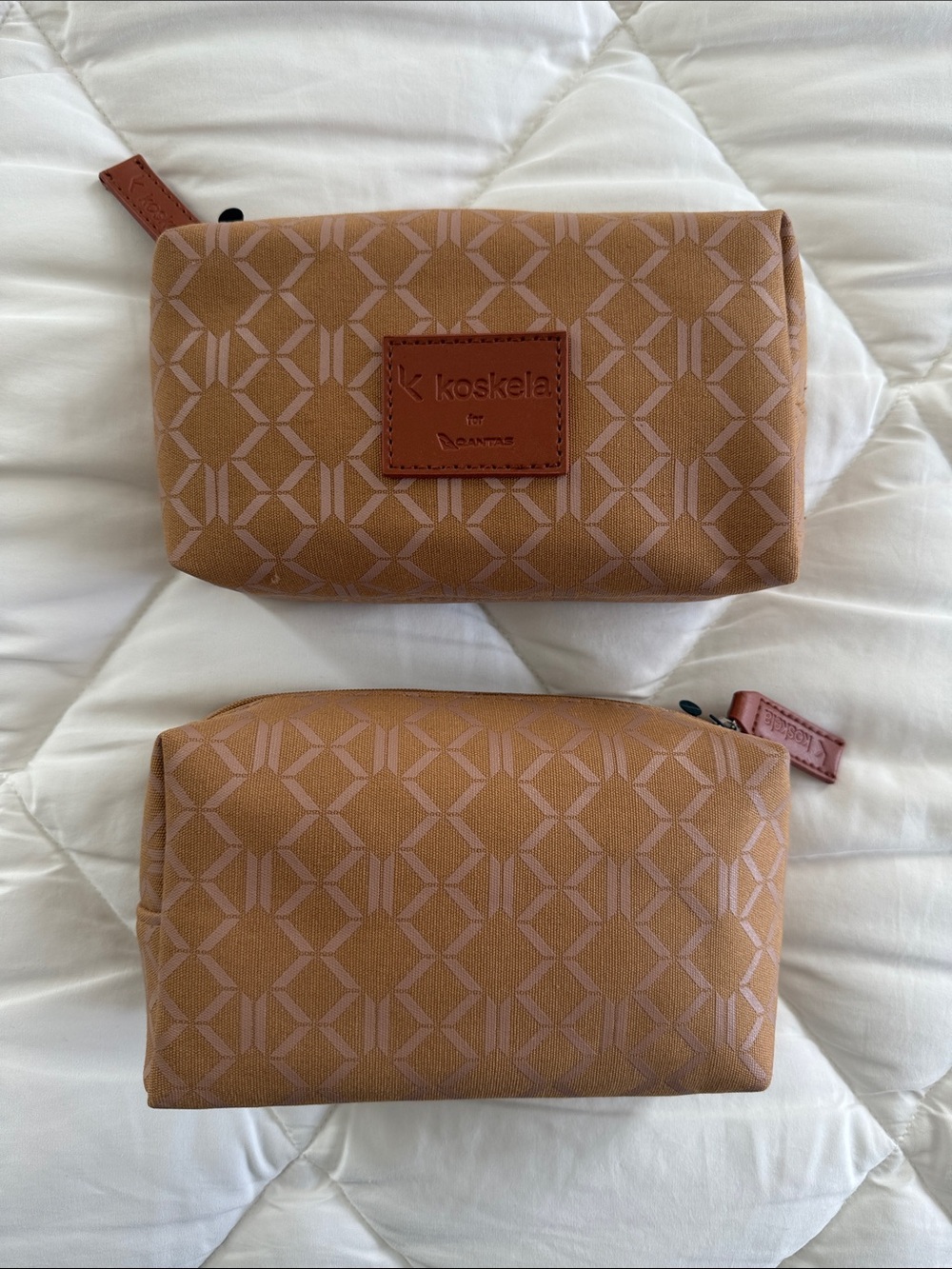 Qantas Business Amenity Tan Patterned Men's Toiletry Bag by Koskela - set of 2